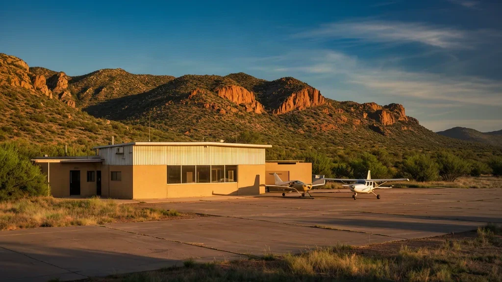Pequeña terminal rural y plataforma de aeronaves en el Aeropuerto del Condado de Greenlee, en Clifton, Arizona, bajo escarpadas montañas desérticas durante la hora dorada.