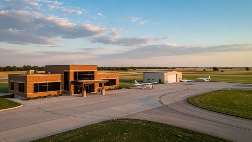 Eingeschossiges Terminal und Vorfeld der allgemeinen Luftfahrt am Coffeyville Municipal Airport in Kansas unter einem weiten Präriehimmel.