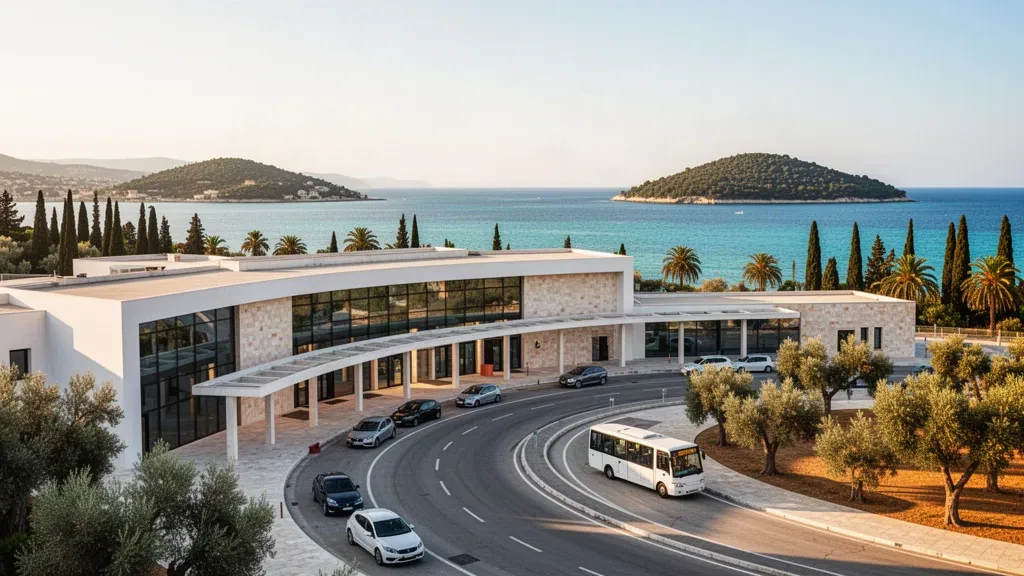 Exterior de una terminal moderna y carril de descenso en el aeropuerto internacional Ioannis Kapodistrias de Corfú con el mar Jónico y cipreses