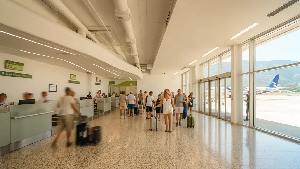 Sala partenze illuminata dal sole dell'Aeroporto Internazionale di Corfù Ioannis Kapodistrias CFU con banchi check-in e viaggiatori estivi