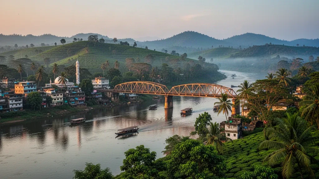 Historic Keane Bridge over the Surma River in Sylhet, Bangladesh, with tea garden hills and riverboats at golden hour