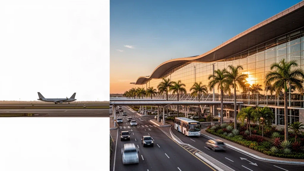 Terminal moderno e strada di accesso all'Aeroporto Internazionale Marechal Rondon a Várzea Grande, Brasile, durante l'ora d'oro.