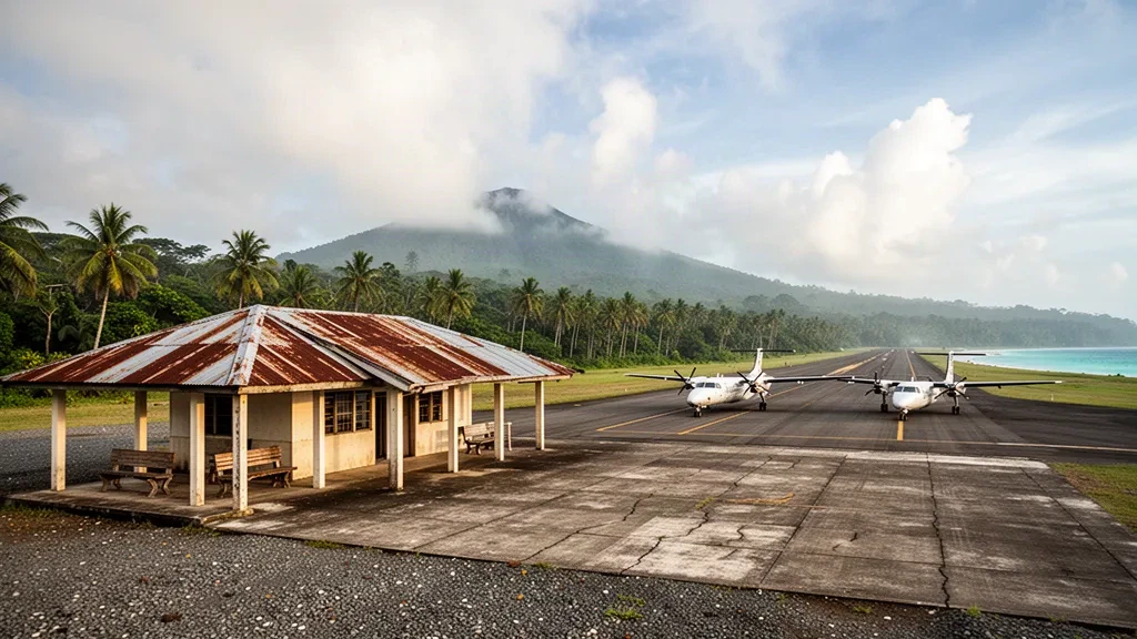 Pequeña terminal aeroportuaria tropical y pista de aterrizaje de grava en Cape Gloucester, Papúa Nueva Guinea, rodeada de palmeras y colinas volcánicas lejanas