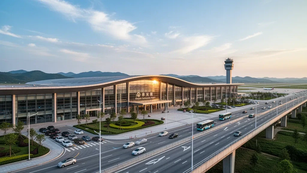 Çin'in Hunan kentindeki Changde Taohuayuan Havalimanı'nda modern cam terminal binasının dış cephesi, erişim yolları ve sıcak altın saat ışığı.