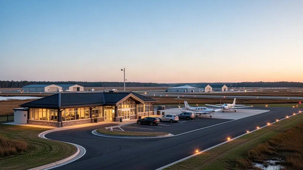 Außenansicht des Terminals des Cambridge-Dorchester Airport mit Flugzeugen der allgemeinen Luftfahrt auf dem Vorfeld zur goldenen Stunde in Maryland.