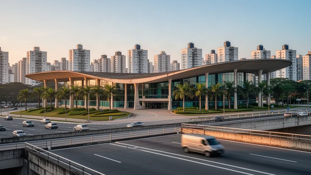 Modern glass terminal exterior and elevated drop-off roadway at Congonhas Airport in São Paulo at golden hour