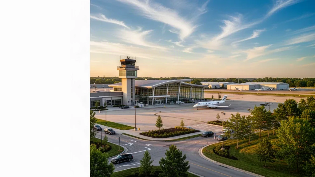Cuyahoga County Airport CGF general aviation terminal and runway near Cleveland, Ohio on a clear day