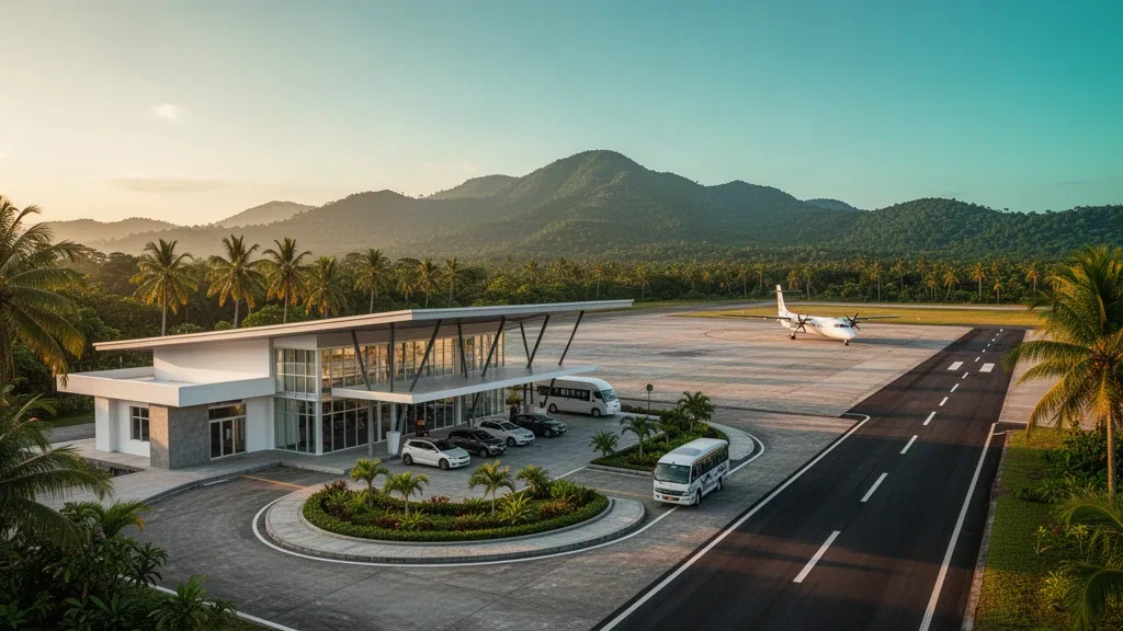 Modernes kleines Flughafenterminal und Startbahn in Casiguran in Aurora, Philippinen, eingerahmt von Kokospalmen und den Sierra-Madre-Bergen zur goldenen Stunde