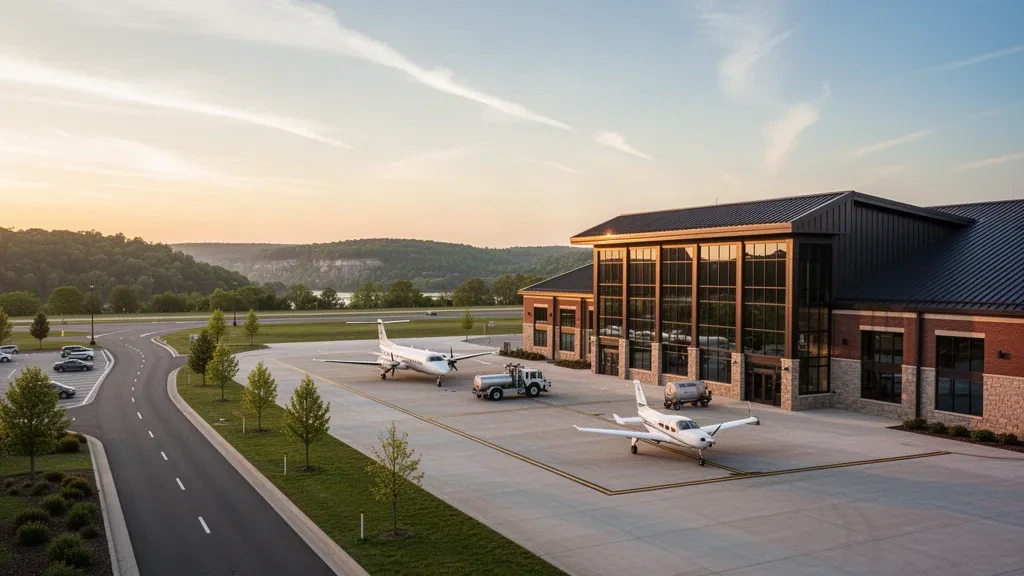 Terminal moderna de vidrio, plataforma y vía de acceso en el Aeropuerto Regional de Cape Girardeau en Misuri a la hora dorada
