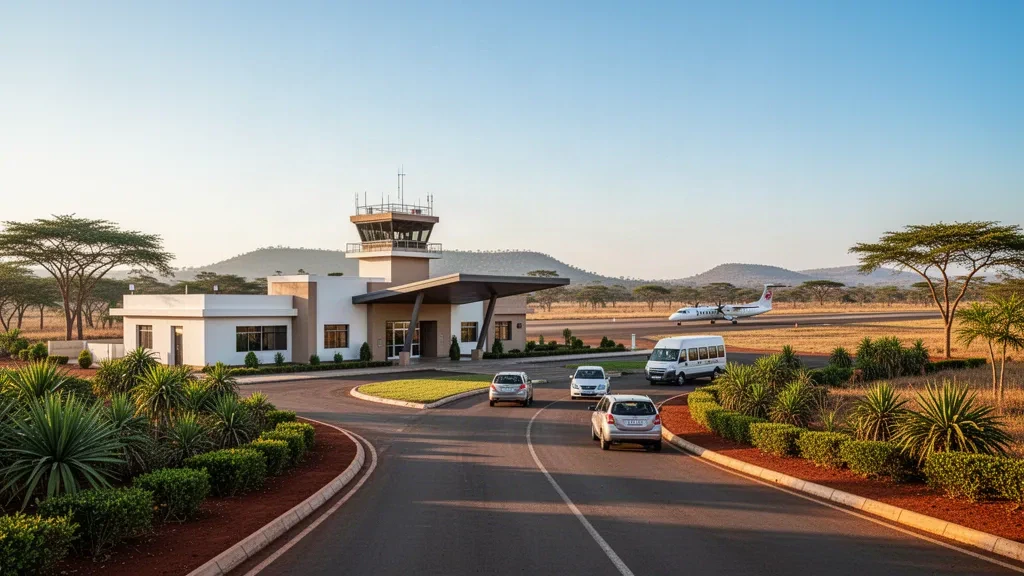 Außenansicht des Terminals des Flughafens Kasompe in Chingola, Sambia, mit einem kleinen Flugzeug und klarem Himmel