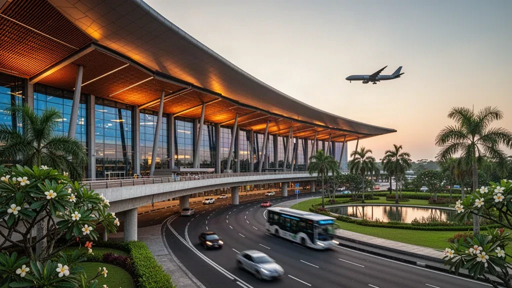 Extérieur moderne du terminal en verre courbé de l'aéroport international Soekarno-Hatta à Jakarta, avec des aménagements paysagers tropicaux et des voies d'accès à l'heure dorée