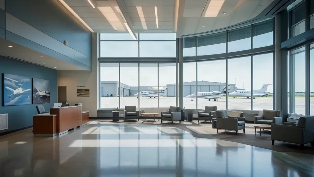 Cuyahoga County Havalimanı CGF'de geniş pencereler, oturma alanları ve apron üzerindeki özel jet manzarasına sahip ferah terminal içi.