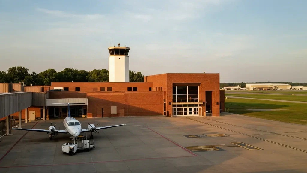 Esterno del terminal dell'Aeroporto Regionale di Cape Girardeau con torre di controllo e un piccolo aereo regionale parcheggiato sul piazzale