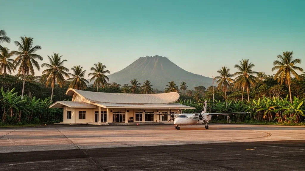 Tropisches Inselflughafenterminal auf Camiguin mit einem kleinen Regionalflugzeug auf dem sonnenbeschienenen Vorfeld und einem Vulkanberg hinter den Palmen.