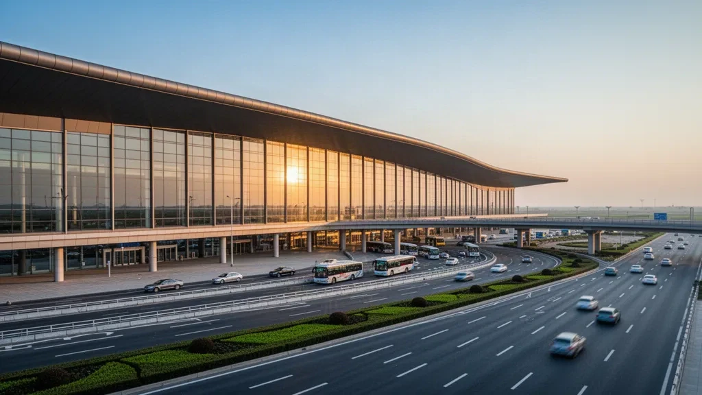 Zhengzhou Xinzheng Uluslararası Havalimanı'nda kavisli çatısı, yolcu indirme şeritleri ve açık meydanıyla modern cam terminal binasının dış görünümü, gün batımı saatlerinde