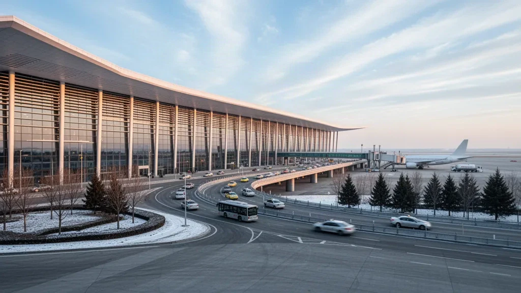 Modern glass terminal and curved roof of Changchun Longjia International Airport at golden hour, with drop-off lanes and a parked airliner
