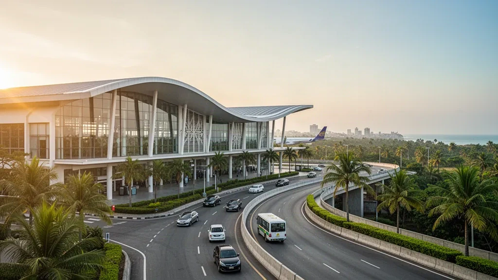Bangladeş'in Chittagong kentindeki Shah Amanat Uluslararası Havalimanı'nda altın saatlerde parlayan modern cam terminal binasının dış görünümü.
