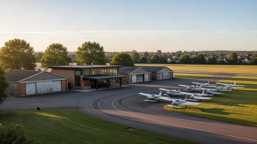 Historischer Verkehrslandeplatz am Flughafen College Park in Maryland mit kleinen Hangars, Leichtflugzeugen und warmem Licht zur goldenen Stunde.