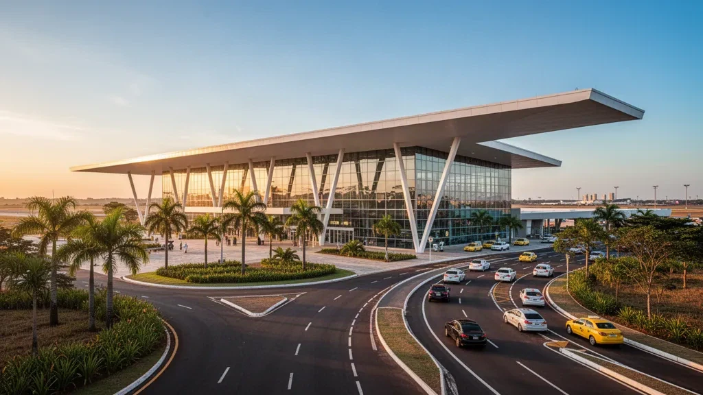 Brezilya'daki Campo Grande Havaalanı'nda altın saatte modern cam terminal ve yolcu indirme şeritleri, palmiye ağaçları ve açık gökyüzü.