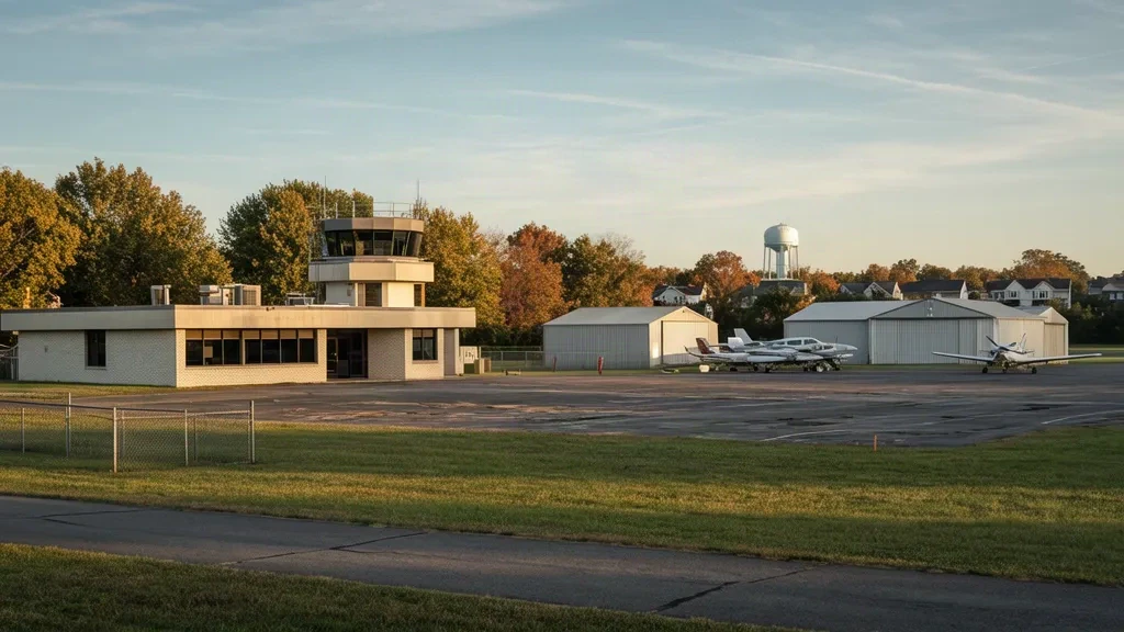 Terminal d'aviation générale, hangars et aéronefs monomoteurs stationnés sur l'aire de trafic de l'aéroport de College Park dans le Maryland.