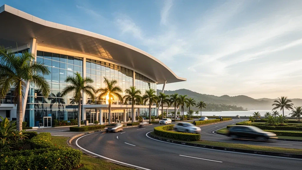 Cagayan de Oro'daki Laguindingan Uluslararası Havalimanı'nda altın saatlerde modern cam ve beyaz çatılı terminal dış görünümü