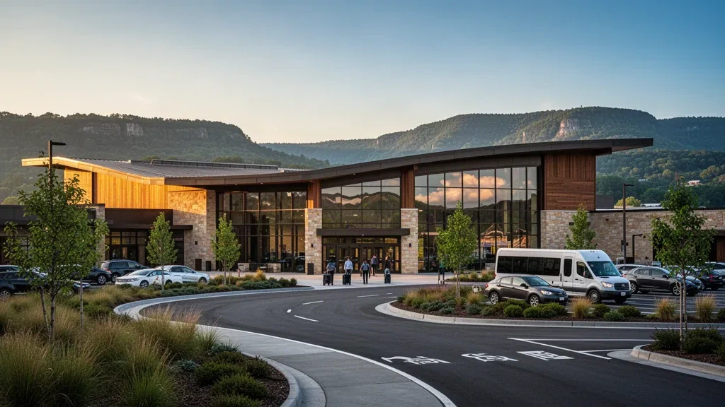 Modern glass terminal exterior at Chattanooga Metropolitan Airport with mountain views and curbside drop-off lane at golden hour
