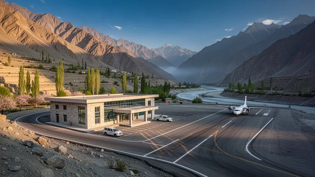 Small mountain airfield terminal and narrow runway at Chilas in Gilgit-Baltistan, framed by rugged Karakoram peaks at golden hour