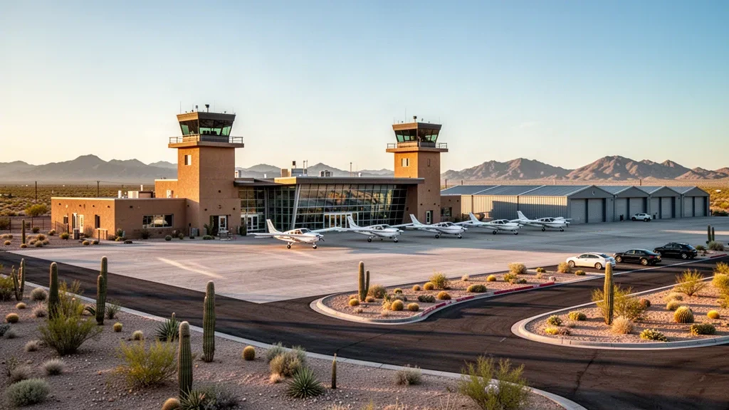 Arizona'daki Casa Grande Municipal Havaalanı'nın altın saatlerdeki görünümü; kontrol kulesi, hangarları ve uzaktaki dağların arka plan oluşturduğu çöl apronuyla.