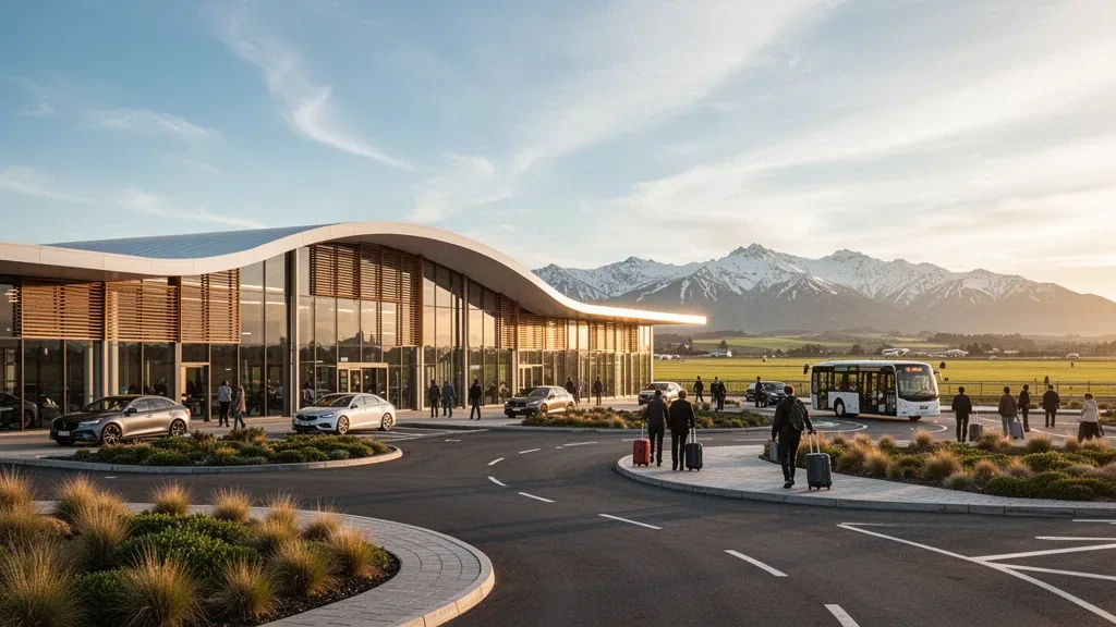 Explanada moderna delante de la terminal de vidrio del Aeropuerto Internacional de Christchurch con carriles de descenso y los Alpes del Sur de fondo