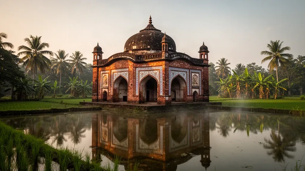 Historic Atia Mosque in Tangail, Bangladesh, showing terracotta Mughal arches and domes reflected in a pond at golden hour