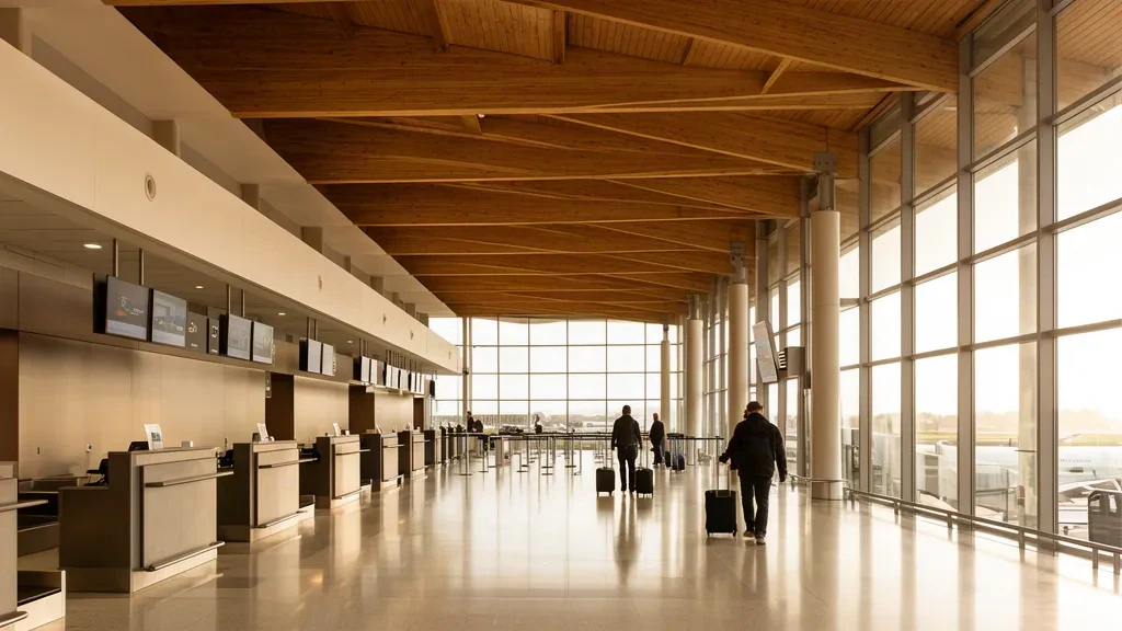 Interior de la terminal del Aeropuerto Internacional de Christchurch en Nueva Zelanda con viajeros y arquitectura moderna.