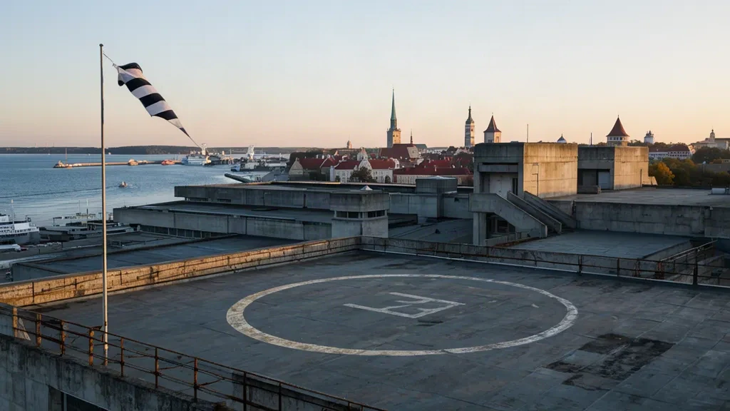 Rooftop helipad on Tallinn's Linnahall with windsock, Baltic Sea harbour and Old Town skyline at golden hour