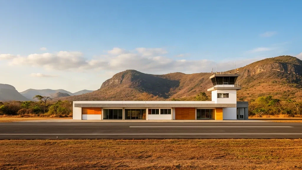 Vue extérieure du petit terminal de l'aéroport de Mucugê en Bahia, au Brésil, avec les collines de la Chapada Diamantina et une végétation tropicale sèche sous la lumière de fin d'après-midi.