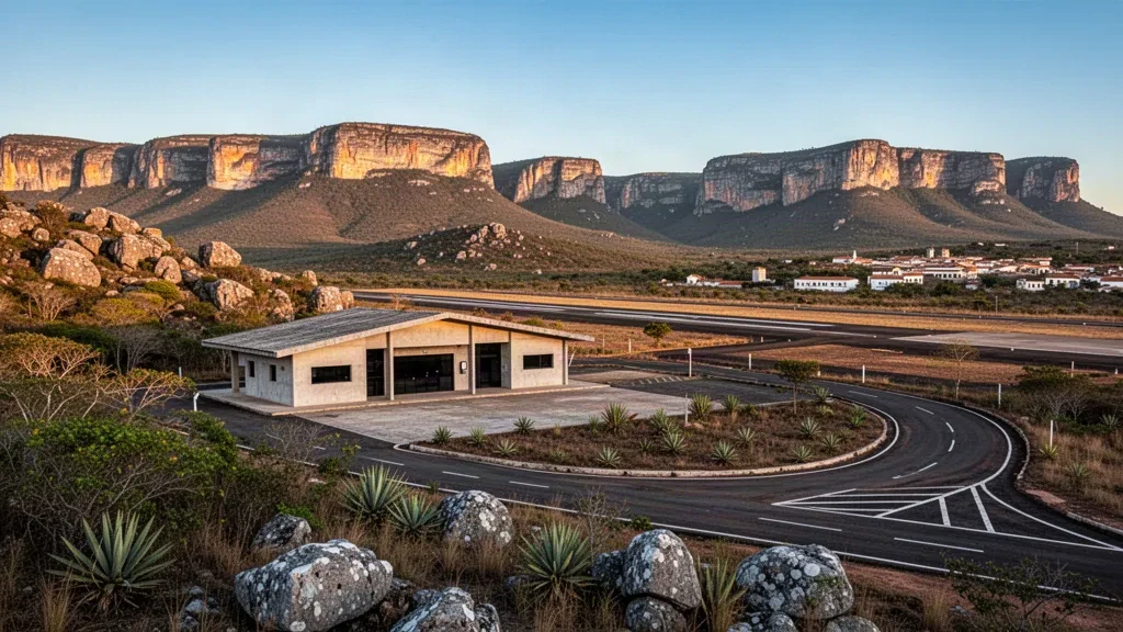 Piccolo terminal dell'aeroporto regionale di Mucugê a Chapada Diamantina, Bahia, con un piazzale tranquillo, paesaggio collinare roccioso e luce dorata del tramonto