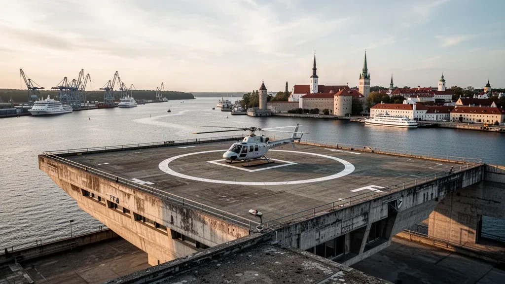 Eliporto brutalista sul tetto del Linnahall di Tallinn, con un elicottero, il porto baltico e lo skyline della città vecchia nella luce dorata