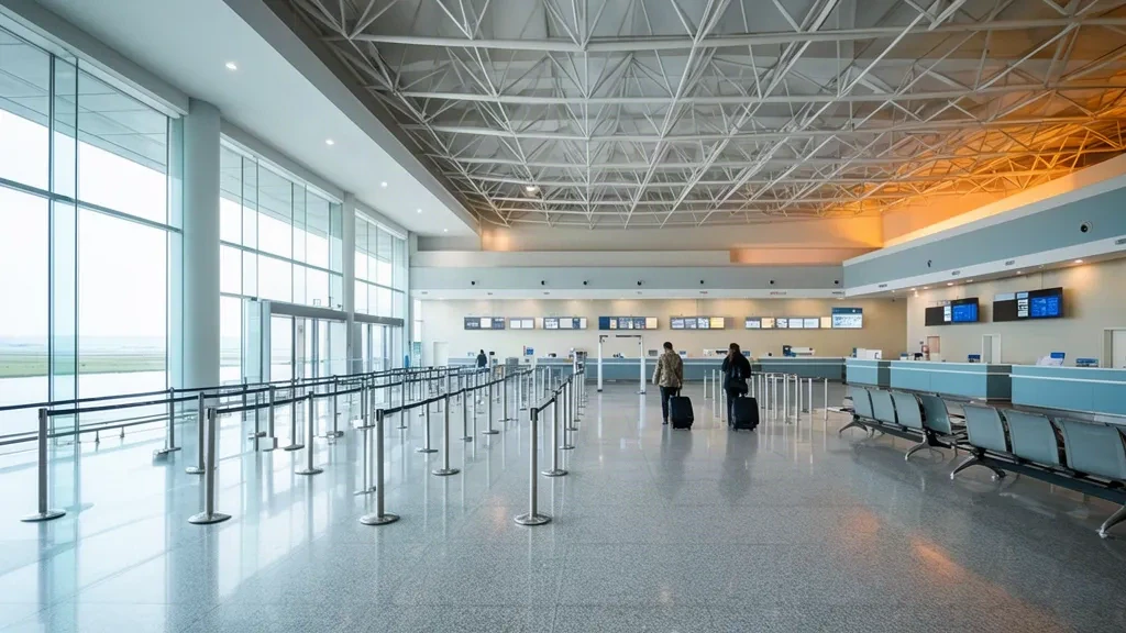Innenansicht des Terminals des Flughafens Chaoyang CHG in Liaoning, China, mit Abflughalle, Check-in-Schaltern und Wartebereich