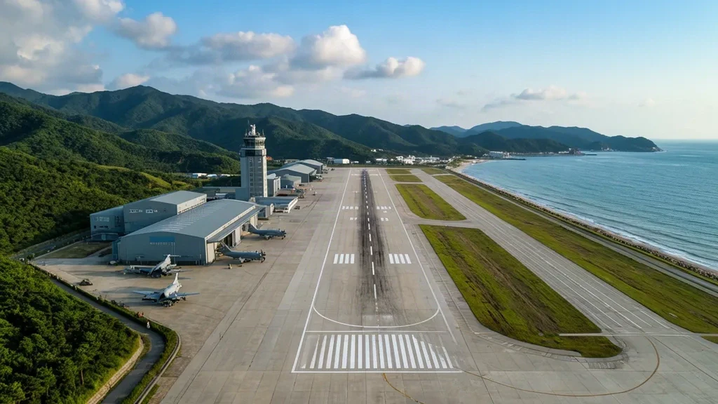 Luftaufnahme des Luftwaffenstützpunkts Jinhae CHF in Südkorea mit Startbahn, Kontrollturm, Hangars und Küstenhügeln im Morgenlicht.