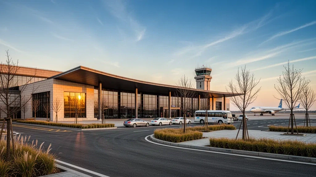 Extérieur moderne du terminal en verre et voies de dépose à l'aéroport de Chaoyang dans le Liaoning, en Chine, éclairés par une chaude lumière dorée