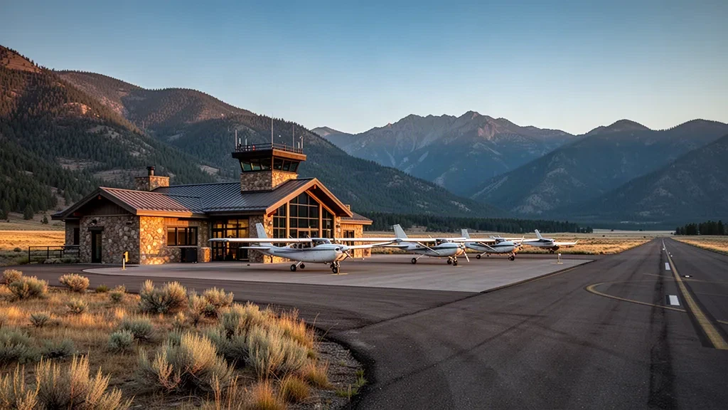 Kleines Terminal, Vorfeld und Startbahn des Challis Airport in Idaho, eingerahmt von kiefernbewaldeten Bergketten im warmen Licht der goldenen Stunde.