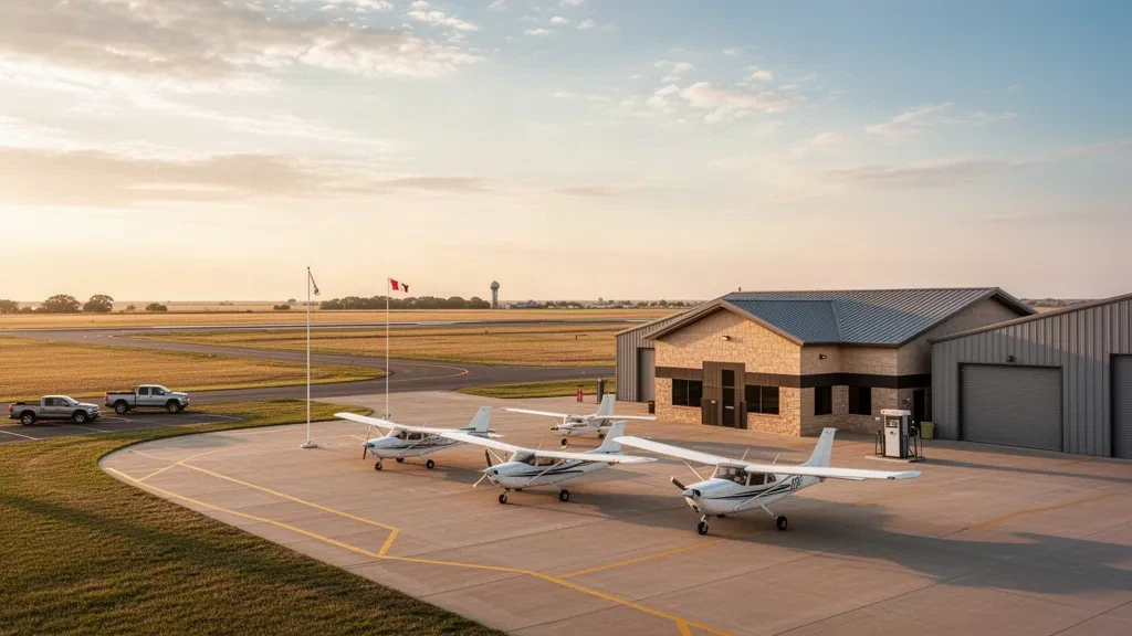 Aeropuerto Municipal de Chickasha en Oklahoma durante la hora dorada, con aeronaves ligeras en la plataforma junto a una pequeña terminal y hangares en la pradera