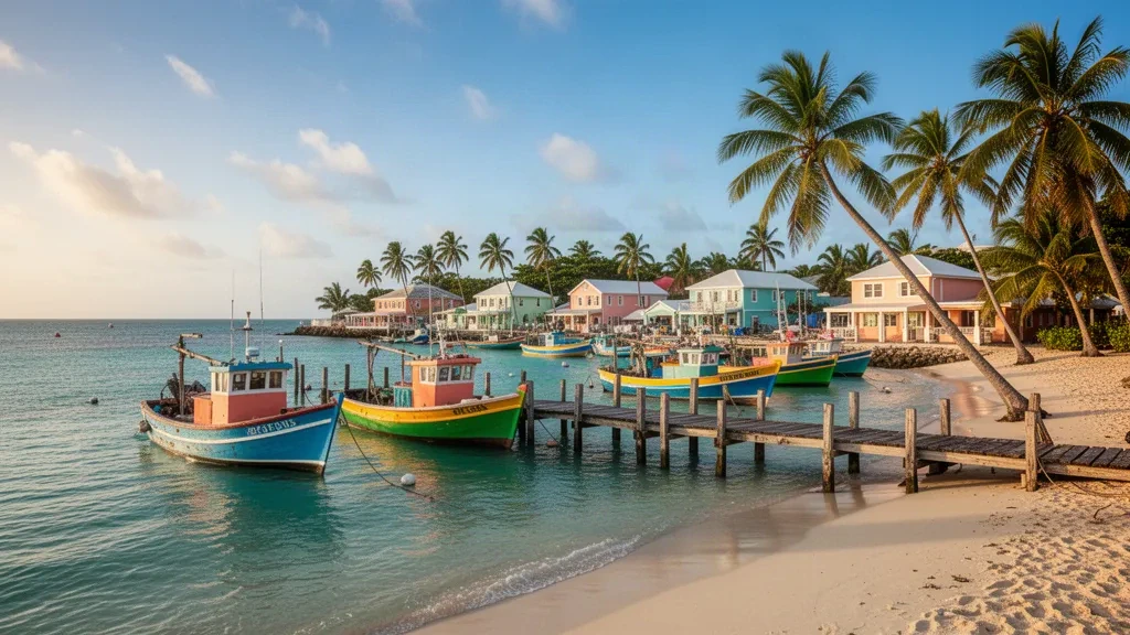 Bunte Fischerboote in der Oistins Bay, Christ Church, Barbados, mit türkisfarbenem karibischem Wasser und Palmen im goldenen Nachmittagslicht