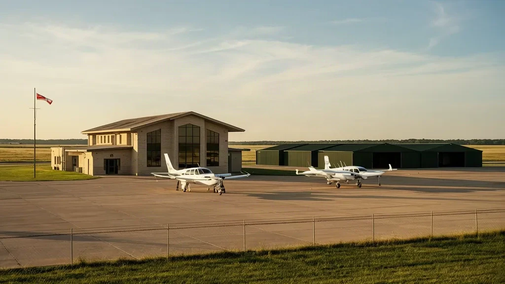 Aeronave monomotor amarrada en la plataforma frente al edificio bajo de la terminal del Aeropuerto Municipal de Chickasha, Oklahoma