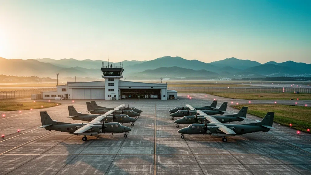 Des avions légers d'entraînement militaire alignés sur le tarmac de la base aérienne de Jeonju en Corée du Sud, avec la piste et la tour de contrôle dans une lumière dorée