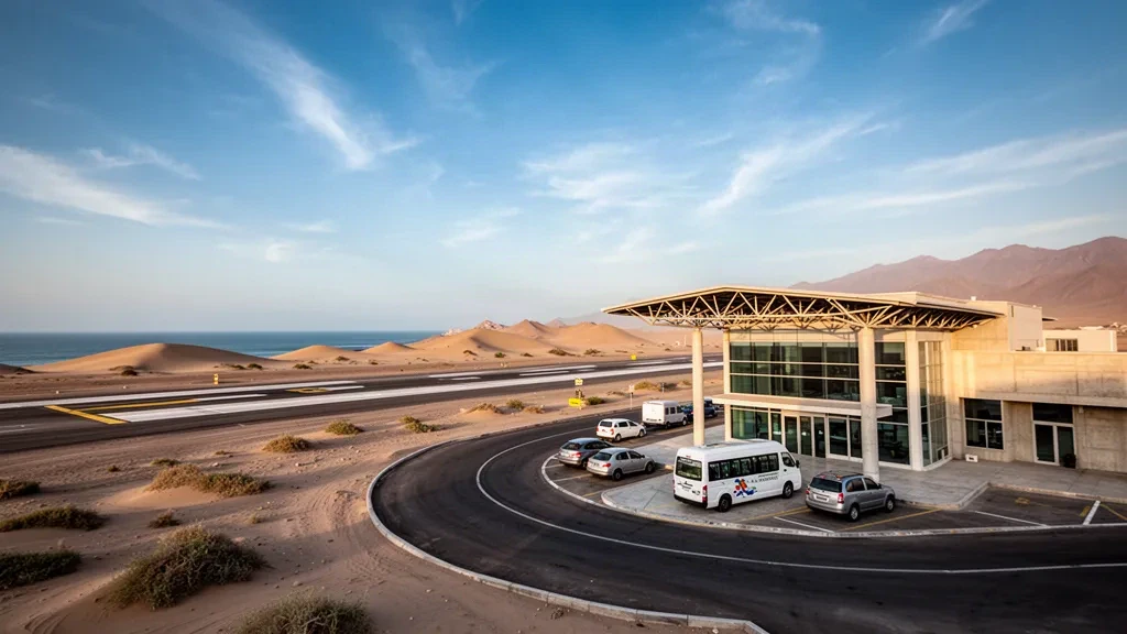 Terminal moderne et piste de l'aéroport Teniente FAP Jaime Montreuil Morales à Chimbote, sur la côte péruvienne, sous une lumière dorée