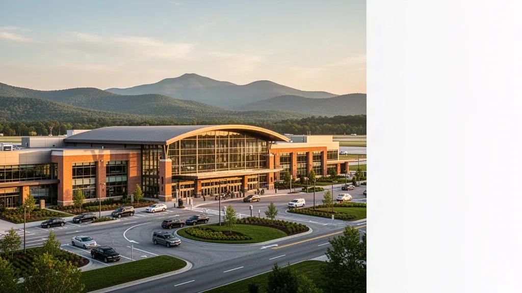 Modern terminal at Charlottesville Albemarle Airport with Blue Ridge Mountains in the background, golden hour lighting.