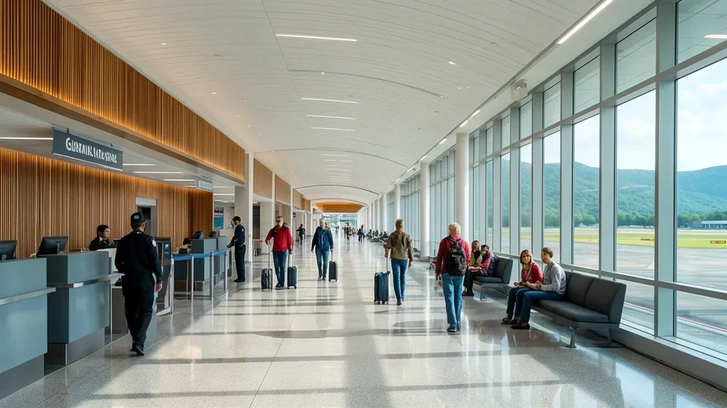Bright modern terminal interior of Charlottesville Albemarle Airport CHO with travellers, luggage and large windows