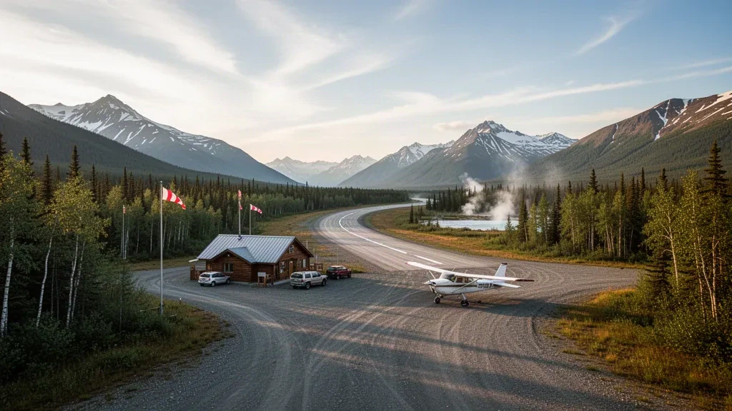 A remote gravel runway at Circle Hot Springs Airport in Alaska, surrounded by boreal forest and distant mountains under golden-hour light.