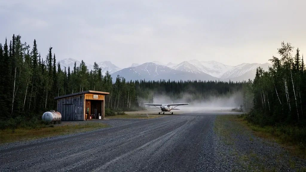 Gravel runway and wooden shelter at Circle Hot Springs Airport CHP, surrounded by Alaska boreal forest under an overcast sky