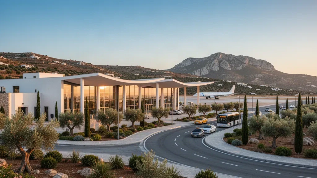 Modernes gläsernes Terminalgebäude am Internationalen Flughafen Chania auf Kreta mit mediterraner Landschaft, Vorfeld und Bergen zur goldenen Stunde