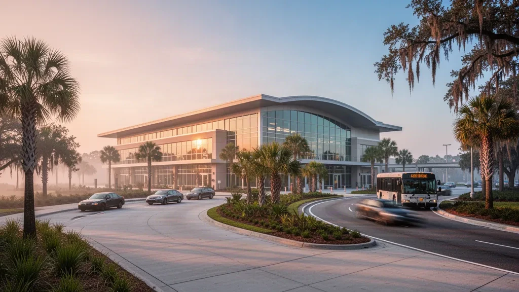 Moderner Glas-Terminal von außen und Vorfahrt zum Aussteigen am Flughafen Charleston International in South Carolina zur goldenen Stunde